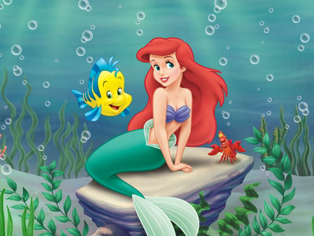 The Little Mermaid - ariel, ocean, movie, flounder, bubbles, crab, underwater, sebastian, mermaid, fish, disney, rock, little