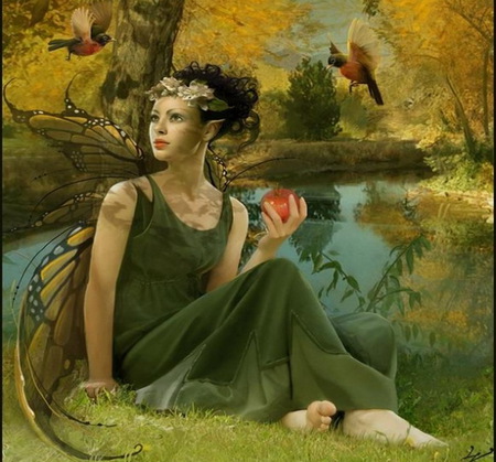 Fairy - beauty, girl, fantasy, abstract, forest, river, fairy, apple, birds