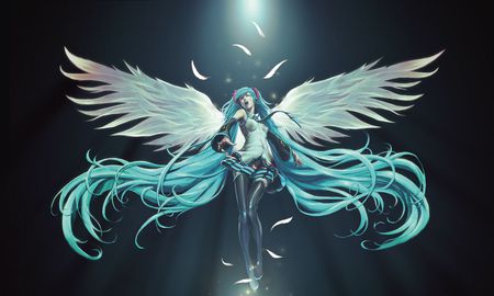 Angel Miku - aqua, angel, music, thighhighs, anime angel, wings, anime girl, white, art, cool, aqua eyes, artistic, hatsune miku, skirt, blue eyes, light, long hair, song, white wings, vocaloids, program, glow, vocaloid, beautiful, beautiful miku, uniform, diva, beauty, nice, badass hatsune miku, twintail, singer, aqua hair, black, virtual, pretty, idol, anime, miku, cute, feathers, girl, cg, hatsune, blue hair, singing, tie, awesome, digital, anime queen, miku angel