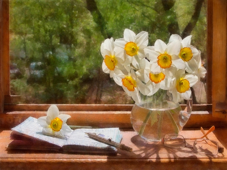 Still Life - beauty, trees, photography, daffodils, bouquet, still life, book, notebook, spring, with love, white, pretty, yellow, window, romance, sunlight, daffodil, for you, pen, vase, nature, romantic, beautiful, flowers, colors