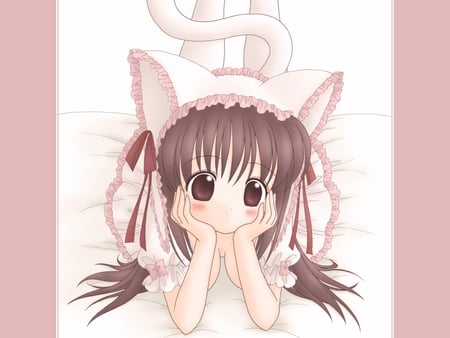 x3 - nice, tail, bed, neko, sexy, girl, catgirl, eyesmhair, ears, face, brwon, anime, animal, cute, dress