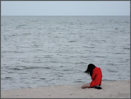 Loneliness... - alone, red, loneliness, photo, nostalgia, abstract, girl, mood, sand, sorrow, solitude, sadness, photography, sad, sea