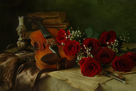 still life - pretty, roses, romance, books, photo, flowers, music, red, old, candles, nice, notes, beautiful, violin, photography, candle, beauty, lovely, cool, love, still life, flower, bouquet, harmony, rose