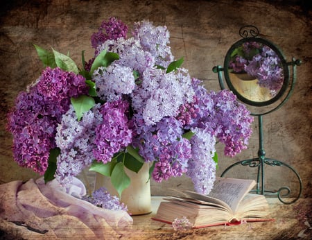 still life - pretty, book, lilac, photo, reflection, flowers, purple, mirror, old, nice, beautiful, photography, beauty, kettle, lovely, cool, still life, flower, bouquet, harmony, scarf