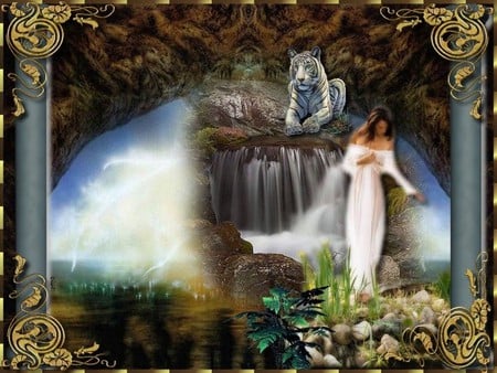 FANTASY CAVE - female, cave, waterfall, fantasy, tiger