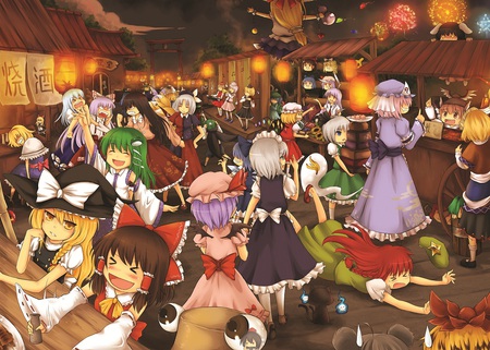 Touhou - hat, cirno, blonde hair, green hair, brown hair, hong meiling, inaba tewi, izayoi sakuya, nazrin, touhou, chen, yakumo ran, ibuki suika, hakurei reimu, fireworks