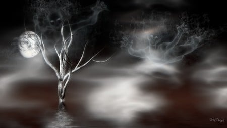 Haunting Waters - dead tree, death, spirit, waters, night, sky, ghost, firefox persona, full moon, tree