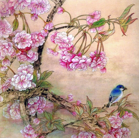 ну вы поняли - bird, nature, painting, flower, art, pink