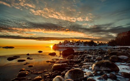 Sunset - winter, rocks, landscape, ocean, sky, reflection, clouds, sunset, sea, nature, snow