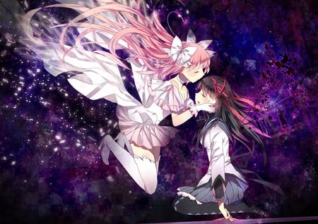 mahou shoujo madoka magica - tail, akemi homura, kaname madoka, long hair, pink hair, dress