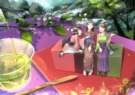 Time for tea - brown eyes, 3 girls, black hair, kimono, long hair