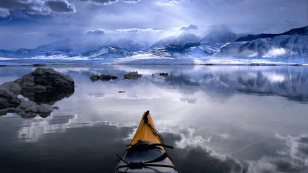 Arctic Waterscape - lake, beam, sun, waterscape, canoe, arctic