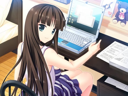 Narusawa Sora - anime girl, beautiful, hot, windows, beauty, laptop, con, mecha, computer, black hair, cute, sexy, sakurajima moe, game cg