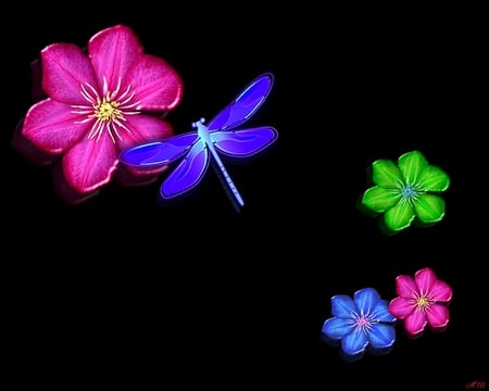 Flowers and dragonfly - abstract, dragonfly, 3d, summer, flowers, photo shopped