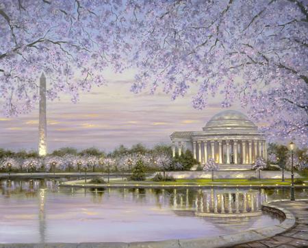 Spring Washington DC - sky, sunset, spring, art, blossoms, evening, architecture, washington dc, paintings, enchanting nature, lake, landscape, capital, buildings, nature, splendor, flowers, lovely flowers