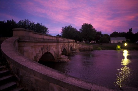 Purple Sunset - purple, sky, water, sunset, bridge