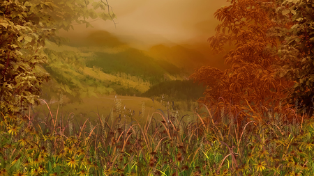 Season of Change - mountains, fall, flowers, leaves, season, grasses, sky, field, orange, autumn