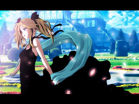 beauty - beauty, girl, blue eyes, summer, black gown, wind, pretty, anime, blonde