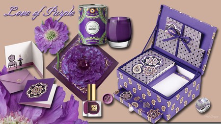 Love of Purple - powder, candle, nail polish, flowers, cards, envelope, stationary, purple, button, ring, box, paper