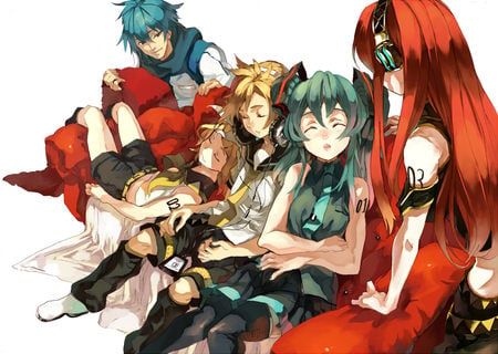 vocaloid - luka, blue hair, sleep, vocaloid, red hair, kaito, miku hatsune