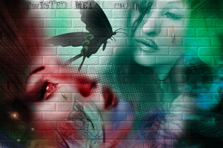 twisted butterfly upon the wall - woman, female, green, brunnette, graffitti, past, old, tear, smoke, star, butterfly, clone, colour, cry, wall, red, blue, future, texture, strange, new