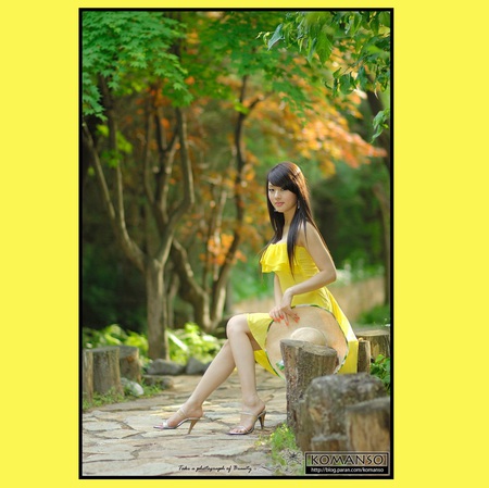 Pretty in Yellow - nice, beauty, woman, dark hair, asian model, yellow dress, sexy, girl, female, asian, legs, gorgeous, pretty, beautiful, babe