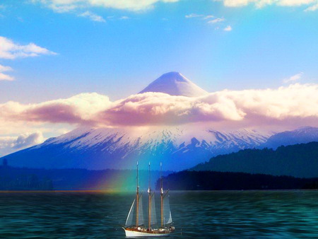 Spectrum - rainbow, ocean, mountain, clouds, sailboat, blue sky, peak