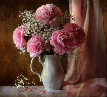 Peonies - baby breath, silk, still life, vase, peonies, white, cloth, pretty, beautiful, pink, pastel, flowers