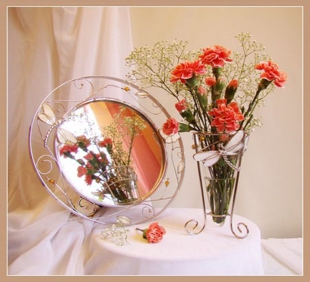 Artistic beauty - pretty, vase, silk, image, tablebuds, petals, reflection, pink, flowers, metal, coral, white, mirror, carnations, glass, dragonfly