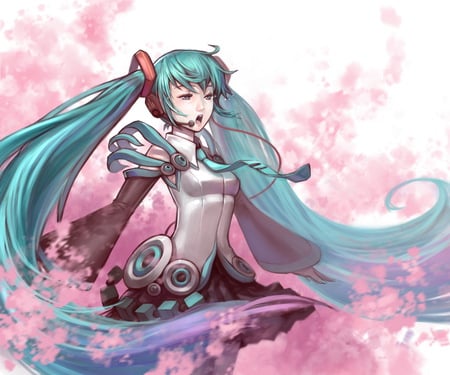 Hatsune Miku - tie, pretty, singing, artistic, pink, uniform, headphones, sing, nice, program, hot, thighhighs, beauty, virtual, petals, cg, white, cute, aqua eyes, song, sexy, vocaloid, anime, twintail, hatsune miku, microphone, music, aqua, sakura petals, art, idol, anime girl, sakura, skirt, beautiful, singer, girl, cool, black, miku, awesome, diva, digital, aqua hair, hatsune, vocaloids, headset