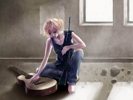 Let's end this war - gun, guitar, eyes, hair, instrument, cool, kagamine, anime, cute, sexy, barefoot, len, end, war, vocaloid, boy, weapon, gray, blonde