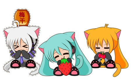 xD Yaaa ! - anime, vocaloid, ears, cherry, catgirl, tail, headphones, animal, suzunonaruki, chibi, neru, neko, strawberry, girl, akita, kawai, miku, cute, hatsune