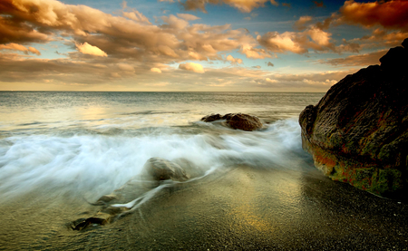 Sunset - beauty, ocean, beach, sky, peaceful, sunset, lovely, rocks, waves, nature, view, clouds, beautiful, colors, sea, sand