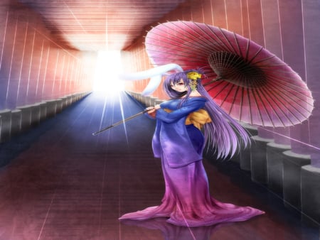 Beauty of Bunny - beauty, female, oriental umbrella, anime girl, japan clothes, touhou, reisen udongein inaba, umbrella, sun-ray, bunny ears