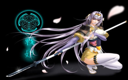 Warrior Samurai - long sword spear, anime girl, female, warrior, cherry blossom, scar, hot, cool, long hair, samurai, japan clothes, warrior samurai, spear, thigh highs, sexy