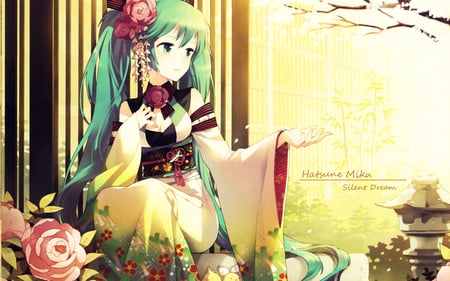 Hatsune Miku - beauty, hatsune miku, female, japan, vocaloid, shrine, silence, kimono, flowers