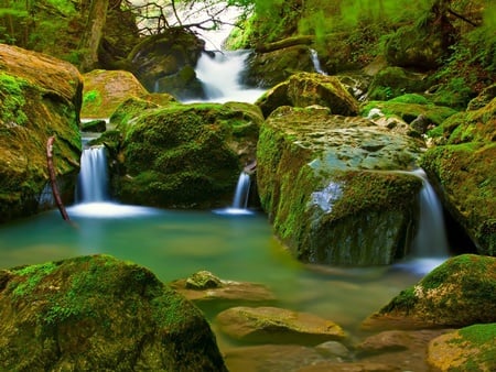 Waterfalls - waterfalls, trees, nature, beautiful, green, rock