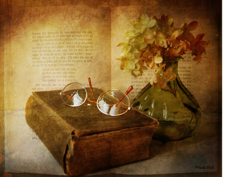 vintage still life - vintage, glases, books, flowers, old, still life, vase