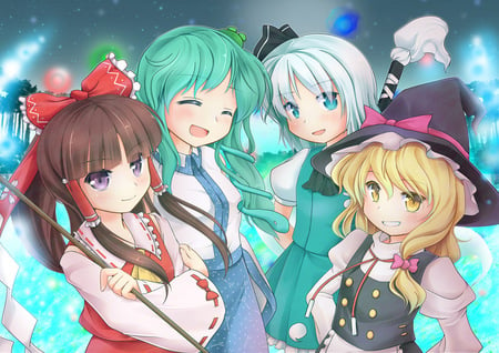 Touhou Ten Desires - konpaku youmu, girl, video game, kochiya sanae, hakurei reimu, miko, touhou, game, anime, smile, cute, kirisame marisa, happy