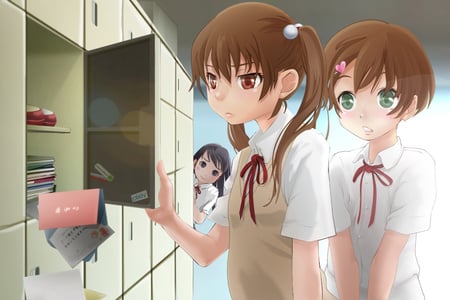 Stalker - trap, twintails, beautiful, blush, beauty, green eyes, brown hair, long hair, beauties, flat chest, cute, loli, anime girls