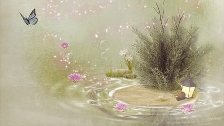 Softly - light, bush, water, bubbles, rocks, butterfly, snail, lamp, flowers, daisies, firefox persona