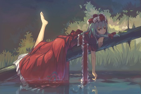 Touhou - touhou, dress, kagiyama hina, aqua hair, wet, red eyes