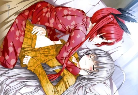 yuri - 2 girls, red hair, gray hair, pijama