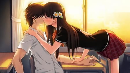 'been dieing to do that all day' - desck, cute, snog, sweet, window, anime, girl, first kiss, school, kissing, curtains, boy