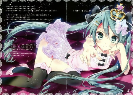 miss queenie (miku) - girl, little crown, aqua hair, big eyes, little bows, queen, twin tails, reaching out, anime, blush, little purple dess, miku, cute, high heels, black stockings