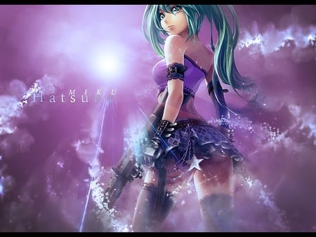 ready for anything (hatsune miku) - sky, sunlight, girl, chains, pretty, clouds, mini shirt, anime, miku, ready