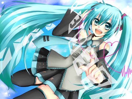 Hatsune Miku - aqua, hot, thighhighs, music, anime girl, white, art, cool, aqua eyes, artistic, hatsune miku, skirt, sexy, song, computer, vocaloids, program, vocaloid, beautiful, uniform, diva, happy, nice, beauty, twintail, singer, aqua hair, black, virtual, pretty, idol, anime, miku, cute, girl, cg, hatsune, tie, smile, digital, awesome