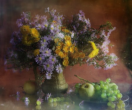 still life - wild flowers, grapes, old, apples, still life, vase