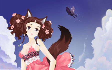 Anime - foxgirl, animal ears, dress, purple eyes, sky