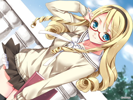 that I can help? - book, long hair, uniform, blue eyes, blonde hiar